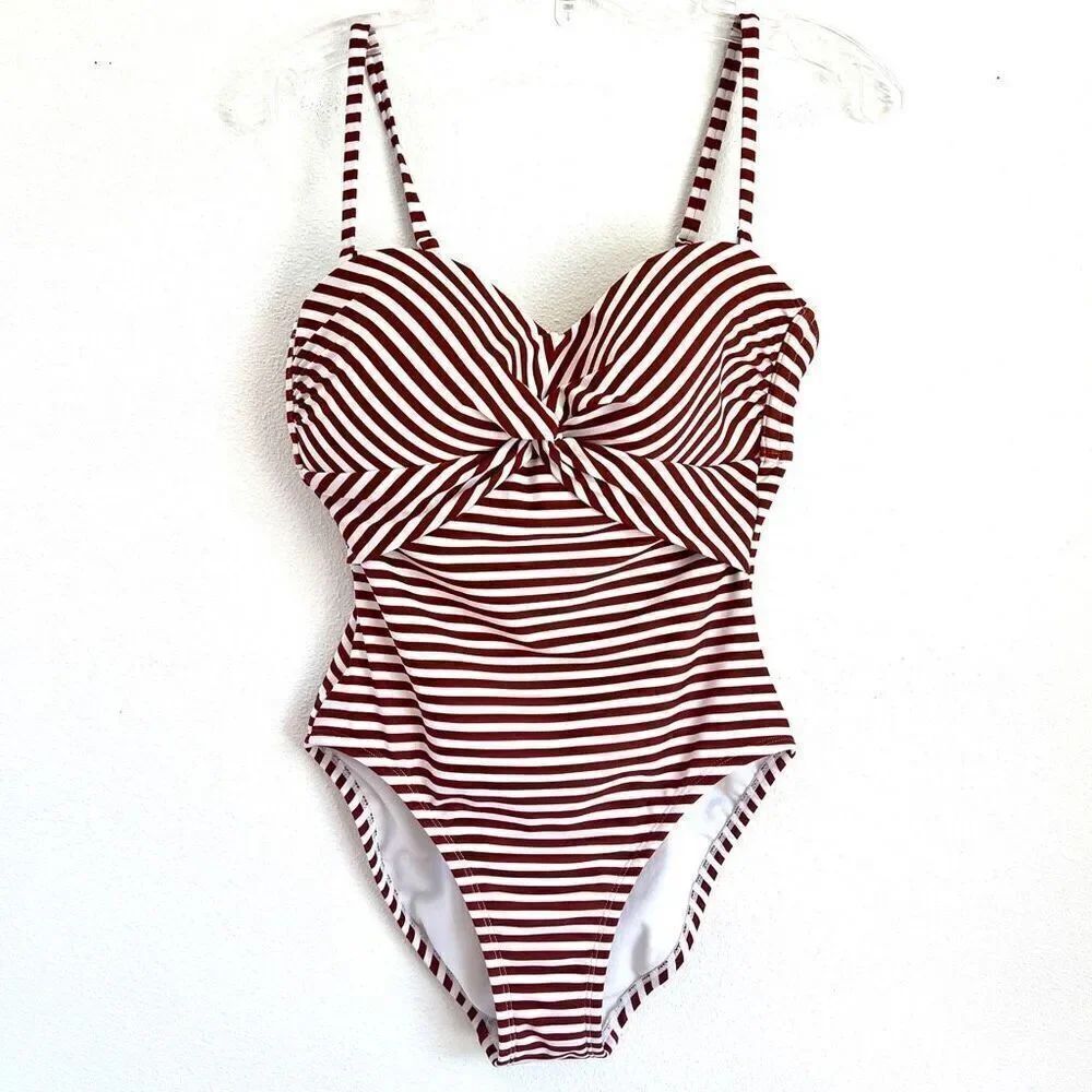 Kona Sol Twist Bandeau One Piece Swimsuit Deep Red and White Stripes Size Small